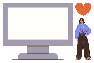 Woman in casual clothes standing next to a blank monitor screen with a heart above. Ideal for technology, design, creativity, online learning, presentations, media concepts, and personal branding