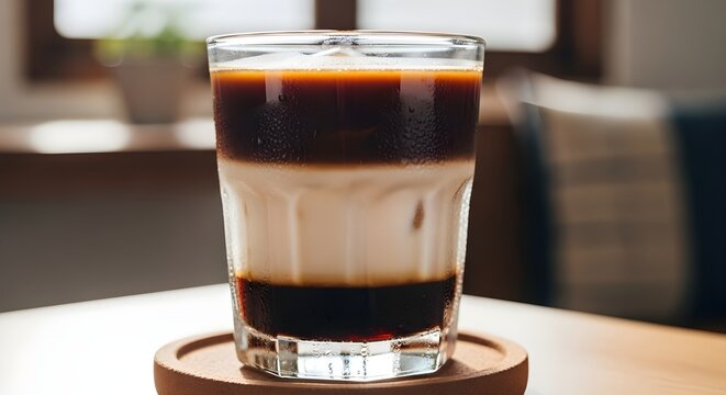 Close-up of a perfectly layered iced coffee (Kopi Gula Aren) in a glass, showing distinct bands of rich espresso, creamy milk, and dark palm sugar syrup. A beautiful, sweet cold brew