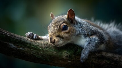 Obraz premium Detailed shows a furry rodent resting on a weathered tree branch