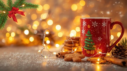 Cozy red mug filled with hot cocoa, surrounded by christmas tree cookies and fairy lights, perfect for holidaythemed designs.