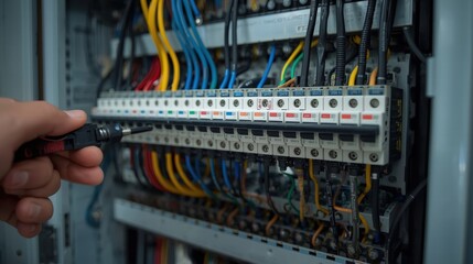 Repairing an electrical panel with colorful wires connected ideal for illustrating electrical repairs, maintenance, electrician services, and home improvement projects.