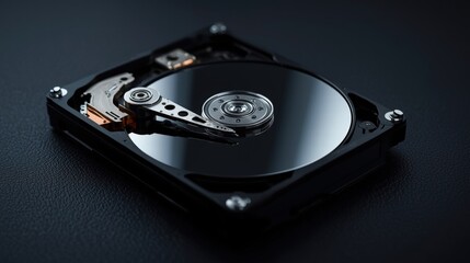 Macro shot of a hard disk drives inner parts. Suitable for technology blogs, itrelated websites, or hardware design materials.