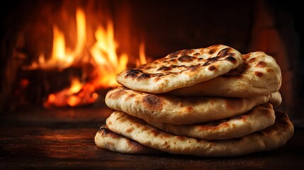 Obraz premium Stack of freshly baked flatbread rests before a roaring, warm fireplace