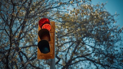 Red stoplight contrasts against barren tree branches, symbolizing intersection, change, transition. Suitable for transportation, autumn themes in design, concepts.