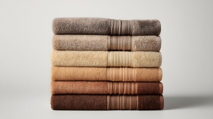 Stack of six rolled bath linens displays a gradient of earthy brown and beige tones