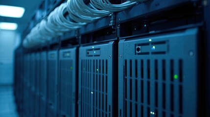 Showcases a row of computer servers in a data center, perfect for technology, networking, it infrastructure concepts.
