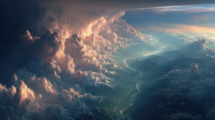 Fototapeta premium Breathtaking aerial view of mountains and dramatic clouds illuminated by light