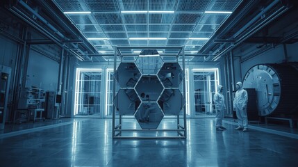 Two scientists examining honeycomb mirror in cleanroom suitable for scientific research, technology or innovation concept designs.