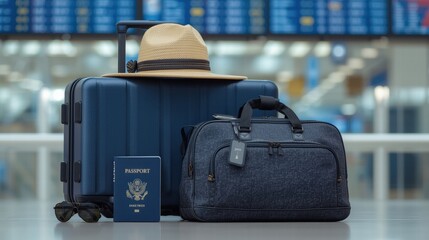Travel essentials in an airport setting, perfect for travel blogs, websites, and social media posts. Wanderlust inspiration for adventurers.