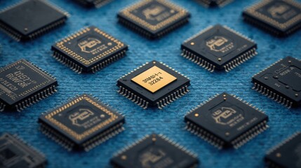 Many computer chips with gold accents on a blue background suitable for technology concepts, innovation, electronics, hardware, and computerrelated designs.