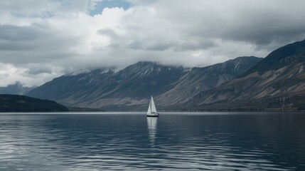 Sailboat on calm water, mountains in background, under overcast sky. Suitable for travel blogs, nauticalthemed designs, or inspirational quotes.