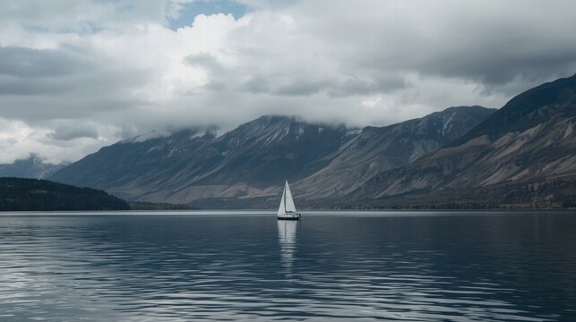 Sailboat on calm water, mountains in background, under overcast sky. Suitable for travel blogs, nauticalthemed designs, or inspirational quotes.
