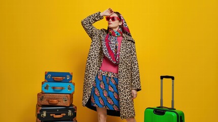 Perfect for travel blogs, vacation websites, or airline promotions. The woman with suitcases stands out against the vibrant yellow background.