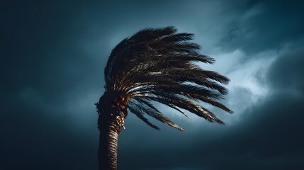 Silhouette of a palm tree bending severely against a dark, stormy sky