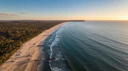 Beautiful evening beach scene with glowing sunlight reflecting off the water, ideal for nature enthusiasts, travel websites, and summerthemed designs.