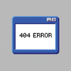 A pixelated blue window displays a 404 error message, indicating a website or resource not found.