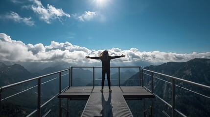 Woman with outstretched arms in mountain scenery under a blue sky. Suitable for outdoor, travel, relaxation, and wellness concepts.