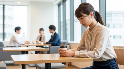 Fototapeta premium オフィスの休憩室でコーヒーを持ち俯くビジネスウーマン