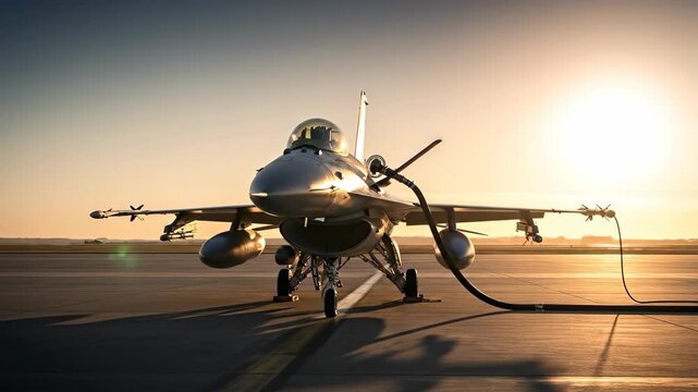 Military Fighter Jet on an Airfield Tarmac During Golden Hour.