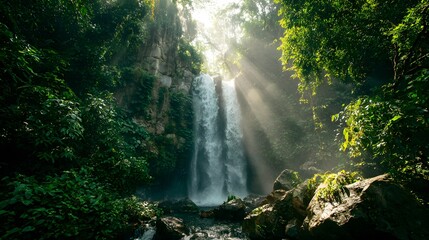 Sunlight streams through dense jungle foliage illuminating a tall cascading waterfall in a rocky environment