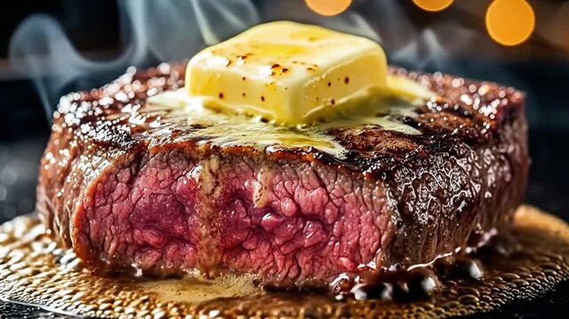 Juicy steak sizzling with melting butter creates a mouthwatering culinary experience