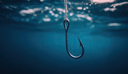 A sharp fishing hook hangs suspended underwater above a dark blue abyss.