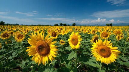 Vast field of bright yellow sunflowers stretches under a clear blue summer sky