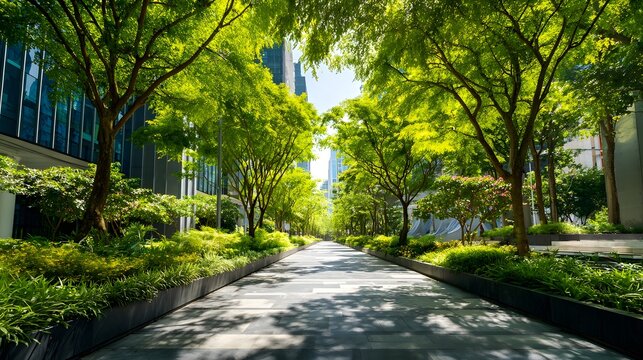 Lush green trees line a pedestrian walkway alongside modern glass office buildings on a sunny day