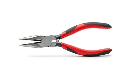 Obraz premium A pair of long-nosed pliers with red and black handles, isolated on a white background.