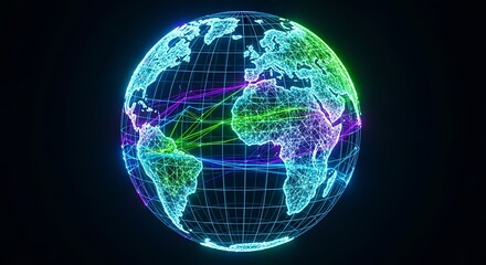 Blue 3D illustration of the Earth globe on a black background, showing continents like Europe and Asia, representing global business and communication network concepts