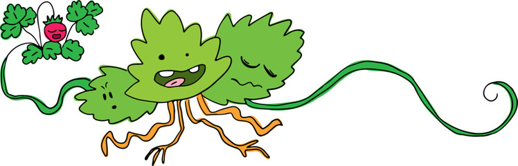 A funny green strawberry bush with a face walks away from the strawberries. Drawn with black curved lines in grunge style