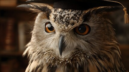 Fototapeta premium Detailed close up of an owl wearing a graduation cap in a dimly lit setting