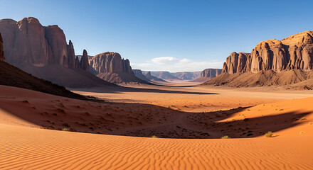 Fototapeta premium Wide panoramic view of a desert landscape dominated by large, reddish-orange sand dunes and rock formations under harsh midday sun, creating deep, dark shadows.
