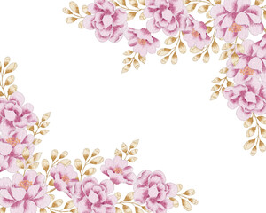 Pink Rose and Anemone Watercolor Flower and Leaves Border