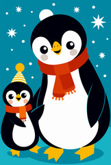 Cute Penguin Family in Snowy Winter Night with Festive Hats and Scarves