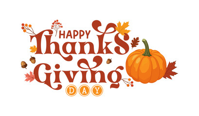 Happy Thanksgiving Day Greeting Banner with Pumpkin and Autumnal Elements