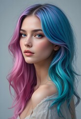 Fototapeta premium close up portrait of young woman with pink and blue dyed hair