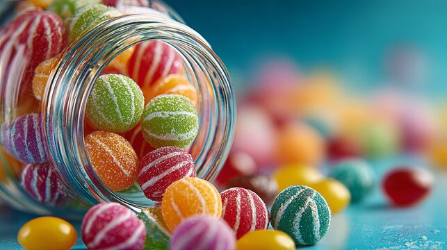 Colorful, sugar-dusted round confections spill from a glass container onto a bright surface.
