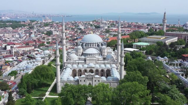 S&uuml;leymaniye Mosque aerial view, drone footage of Istanbul's historic peninsula and Bosphorus, Turkey