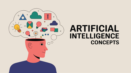 Human head with thought bubble of abstract shapes and lightbulbs