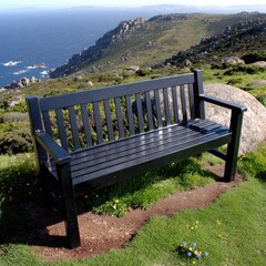 Empty black park bench offers a scenic view of the ocean and rocky coastline.