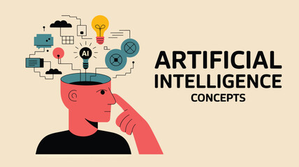 Red head profile with A I lightbulb and abstract shapes