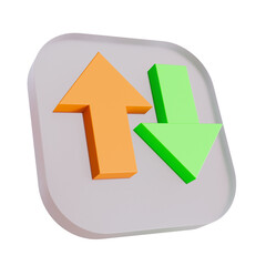 3D Orange Up Arrow and Green Down Arrow Icon Representing Data Transfer, Transaction Exchange, or Price Fluctuation.