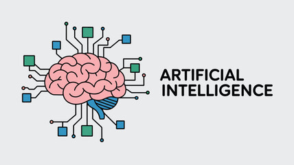Pink brain with blue and green circuit connections and text