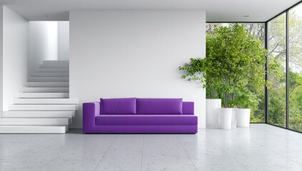 Modern living room with purple sofa and large windows showing trees.