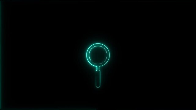 Outline neon magnifying glass icon on black background. Glowing neon magnifying Glass Icon animation.4k video