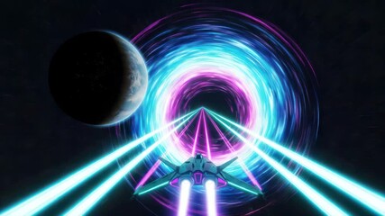 Sci-fi adventure through cosmic vortex with spaceship and distant planet motion graphics - Powered by Adobe