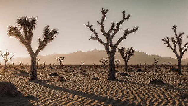 Desert vista with Joshua trees silhouetted against a muted sky and distant mountains - Powered by Adobe