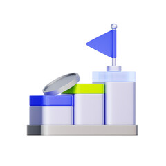 3D icon of a podium with a coin and flag For achieving financial goals, reaching savings targets, investment milestones, and financial success.