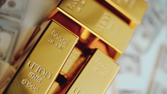 Shiny gold ingots weighing 1000g are stacked on top of a large pile of us dollar bills, representing wealth, banking reserves, financial success, and safe haven investment assets